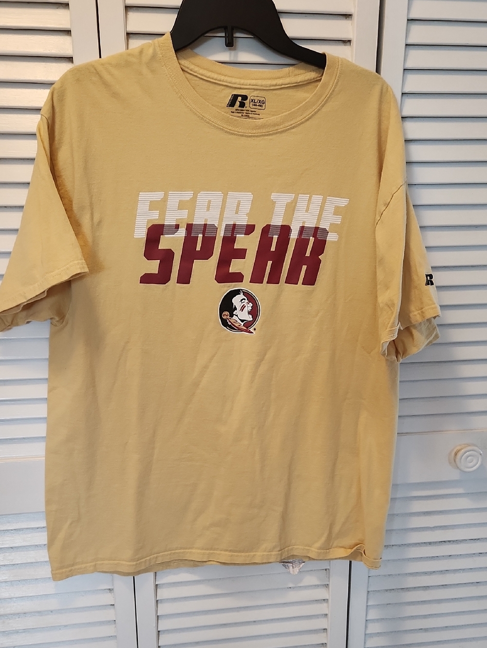 Russell Athletic Light Yellow Tee with Maroon and White 'Fear The Spear' Graphic